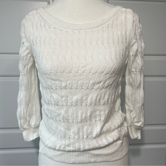WHBM Womens Cream Open Knit Sweater Long Sleeve Lightweight Pullover Top‎ Small - Picture 1 of 8
